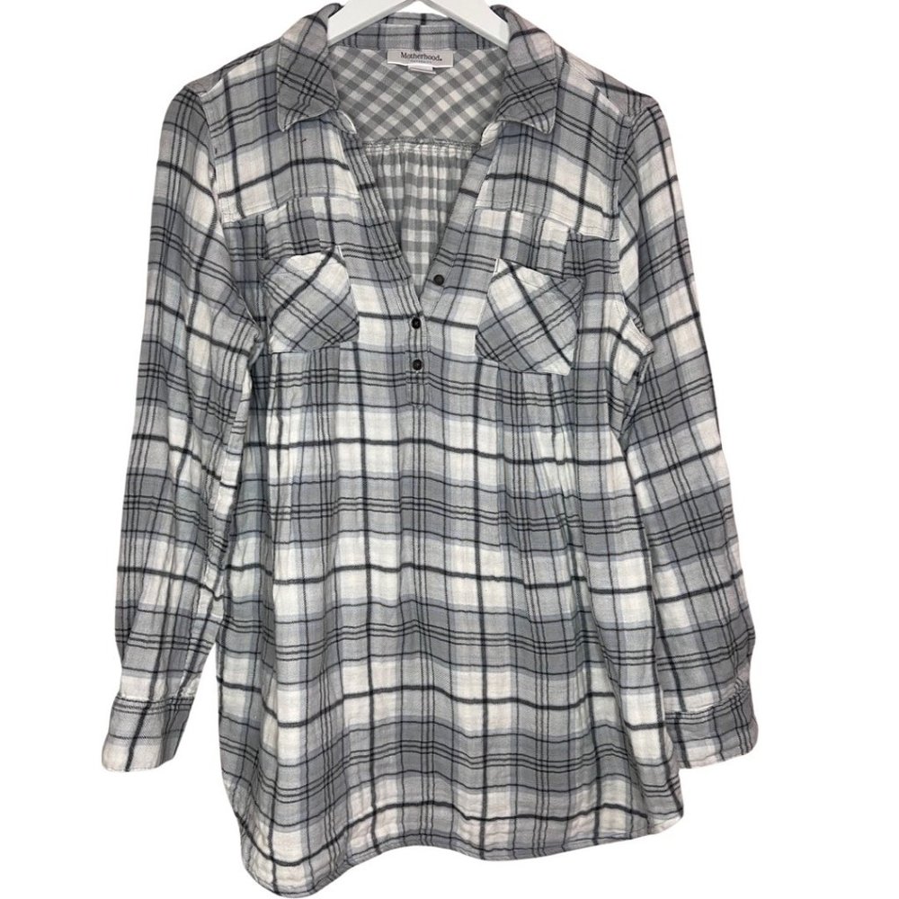 Motherhood Maternity Gray/White Plaid Long Sleeve Button Down Size M